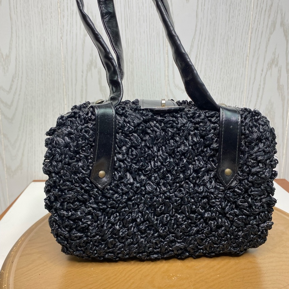 Vintage 1960s Black Woven Structured Handbag Natural Fibers Gold Toned Hardware